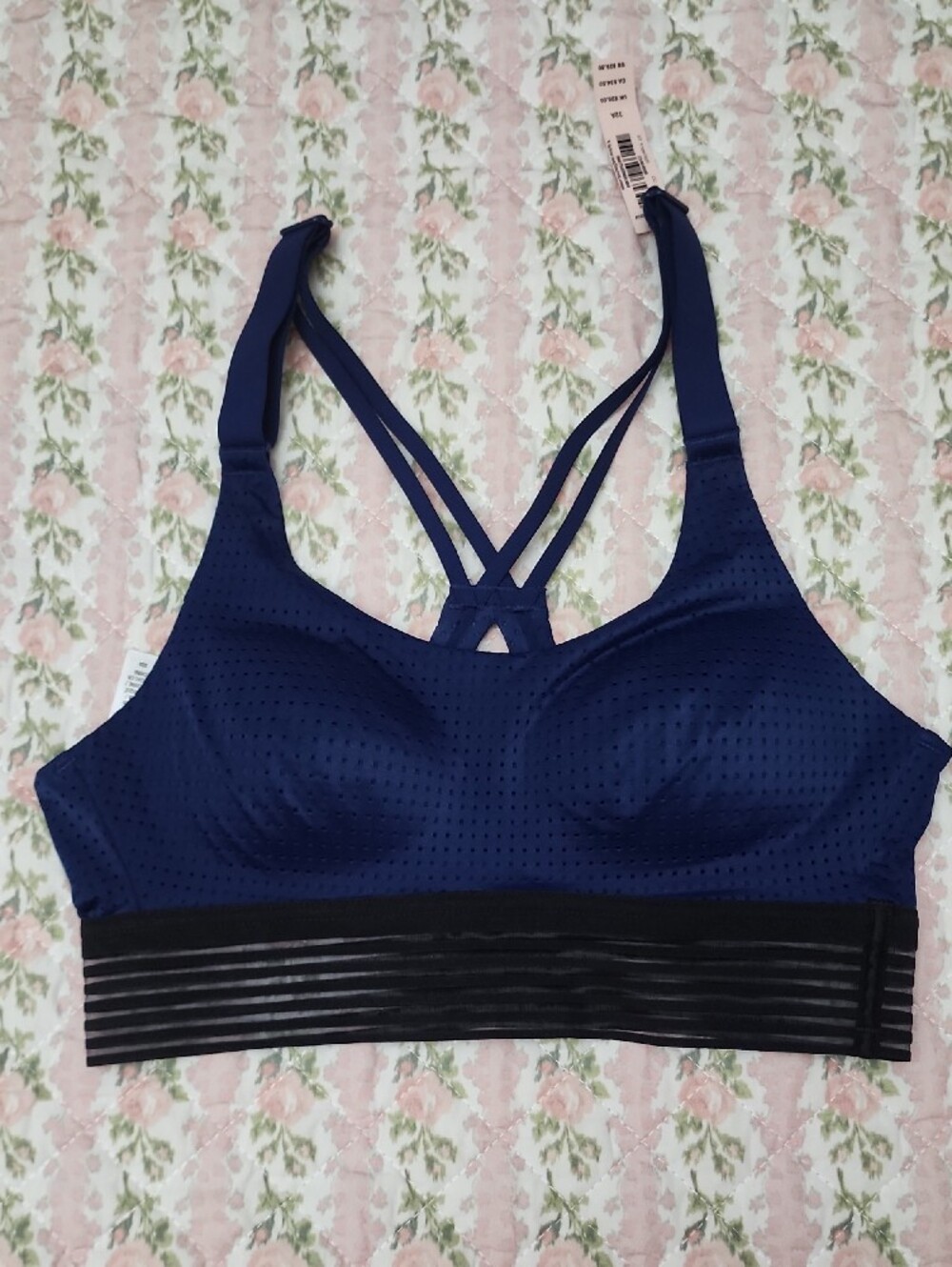 NWT Victoria Sport Navy Blue Sexy Sports Bra with Black Striped Mesh 32A